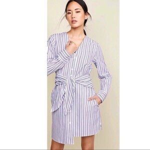 NEW! TIBI Liam Tie Front Striped Cotton Shirtdress White Blue Sz 4